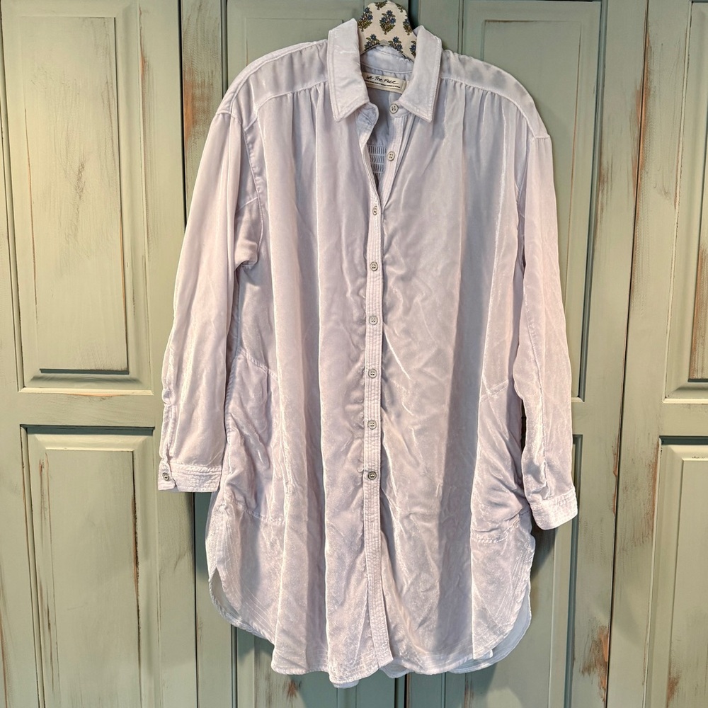 Free People White Velvet Button-Up Shirt